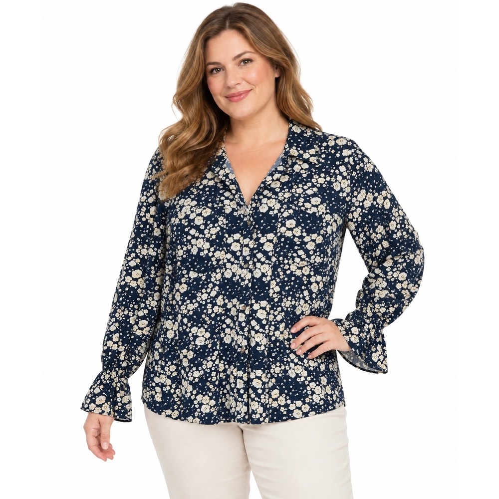 Floral Cotton Blouse XXL Navy Cream Button Front Bell Cuff Romantic Cottagecore